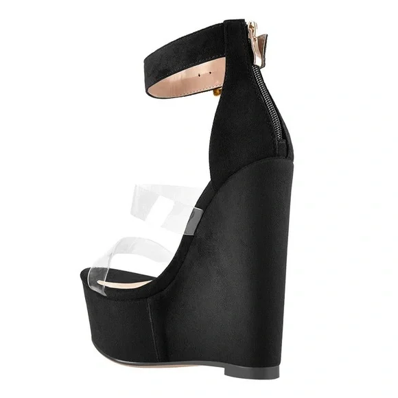 Suede Platform Black Wedge Sandals - Picture 3 of 10